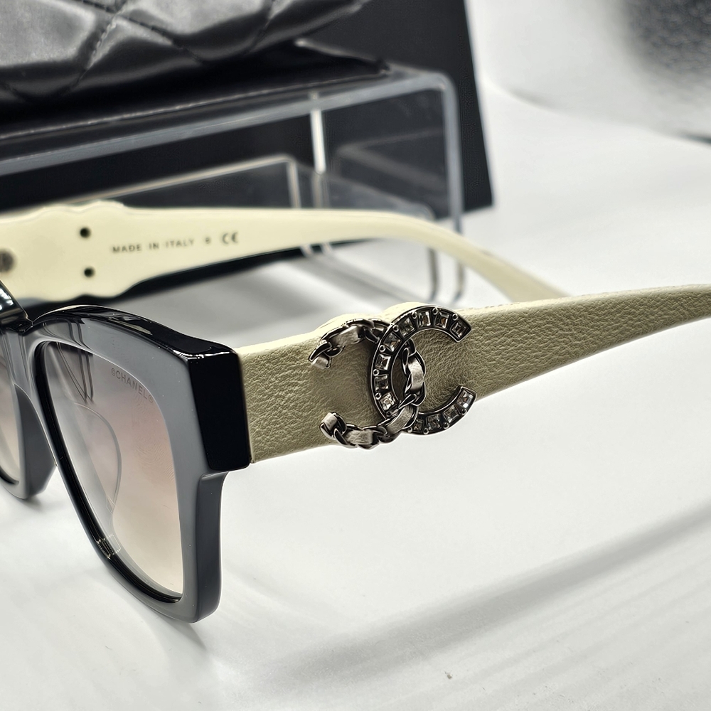 CHANEL CREAM AND BLACK SUNGLASSES CRYSTAL 5456QA C501S5 - Picture 9 of 12